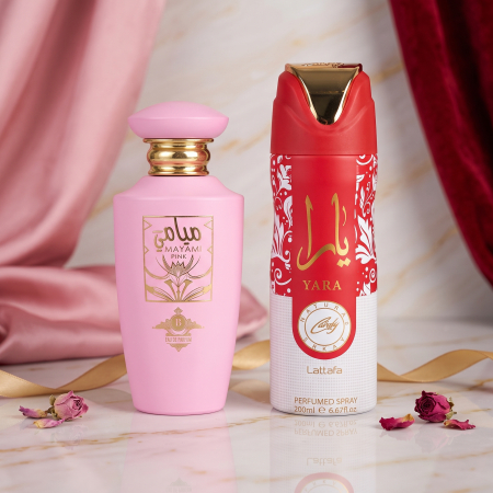 Set parfum arabesc Boutique Mayami Pink 100 ml si Lattafa Candy deodorant 200 ml [1]