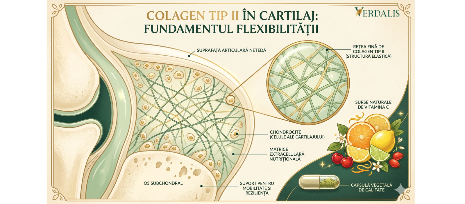 Vizual educațional despre colagen tip II și structura cartilajului articular.