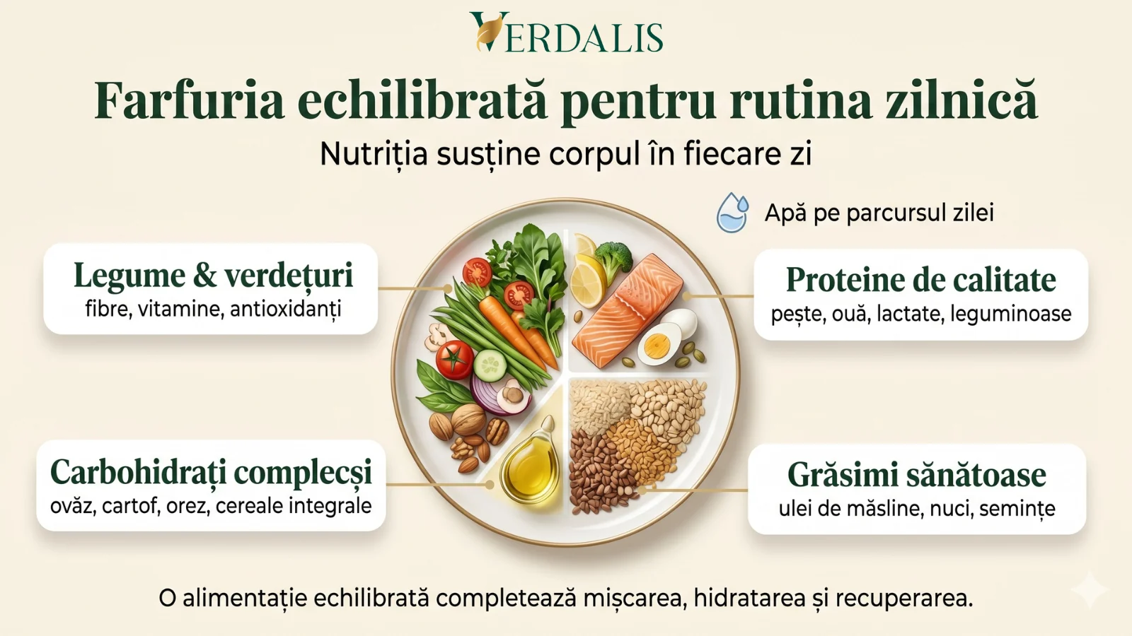 Infografic despre farfuria echilibrată pentru susținerea mobilității și sănătății articulațiilor.