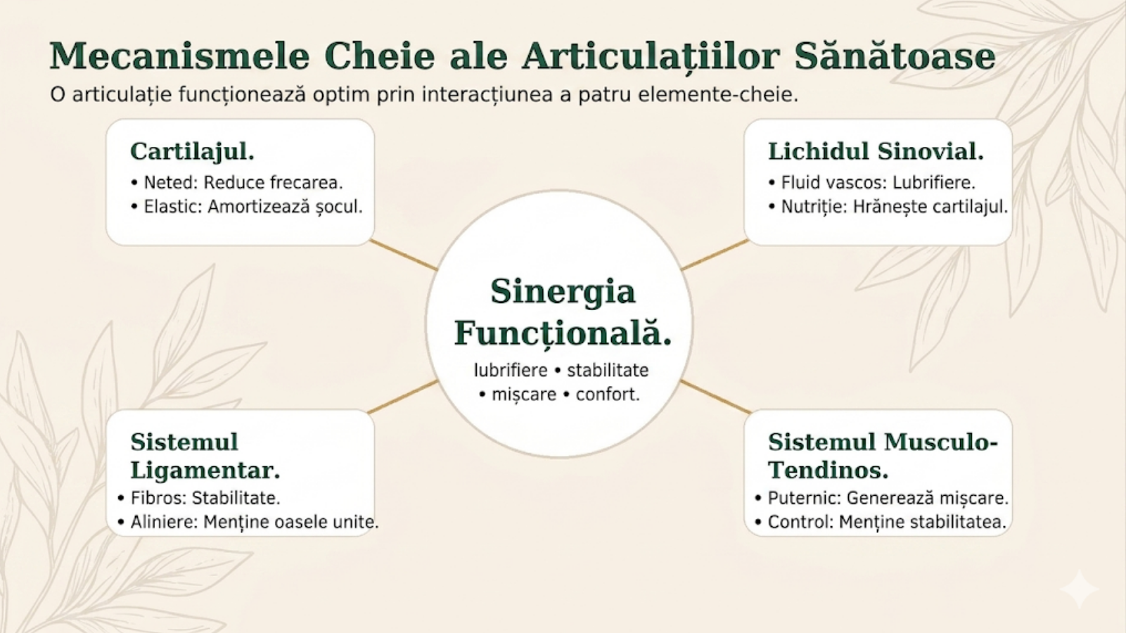 Infografic Verdalis despre funcționarea unei articulații sănătoase: cartilaj, lichid sinovial, colagen și mobilitate.