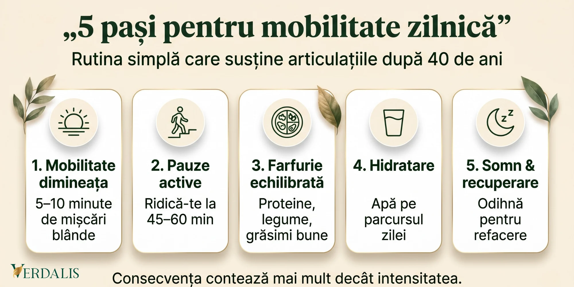 Infografic Verdalis despre rutina zilnică pentru susținerea articulațiilor după 40 de ani.