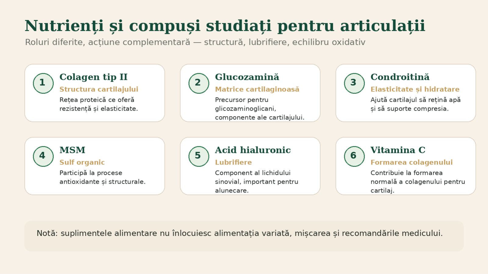 Infografic Verdalis cu nutrienți și compuși studiați pentru susținerea articulațiilor.