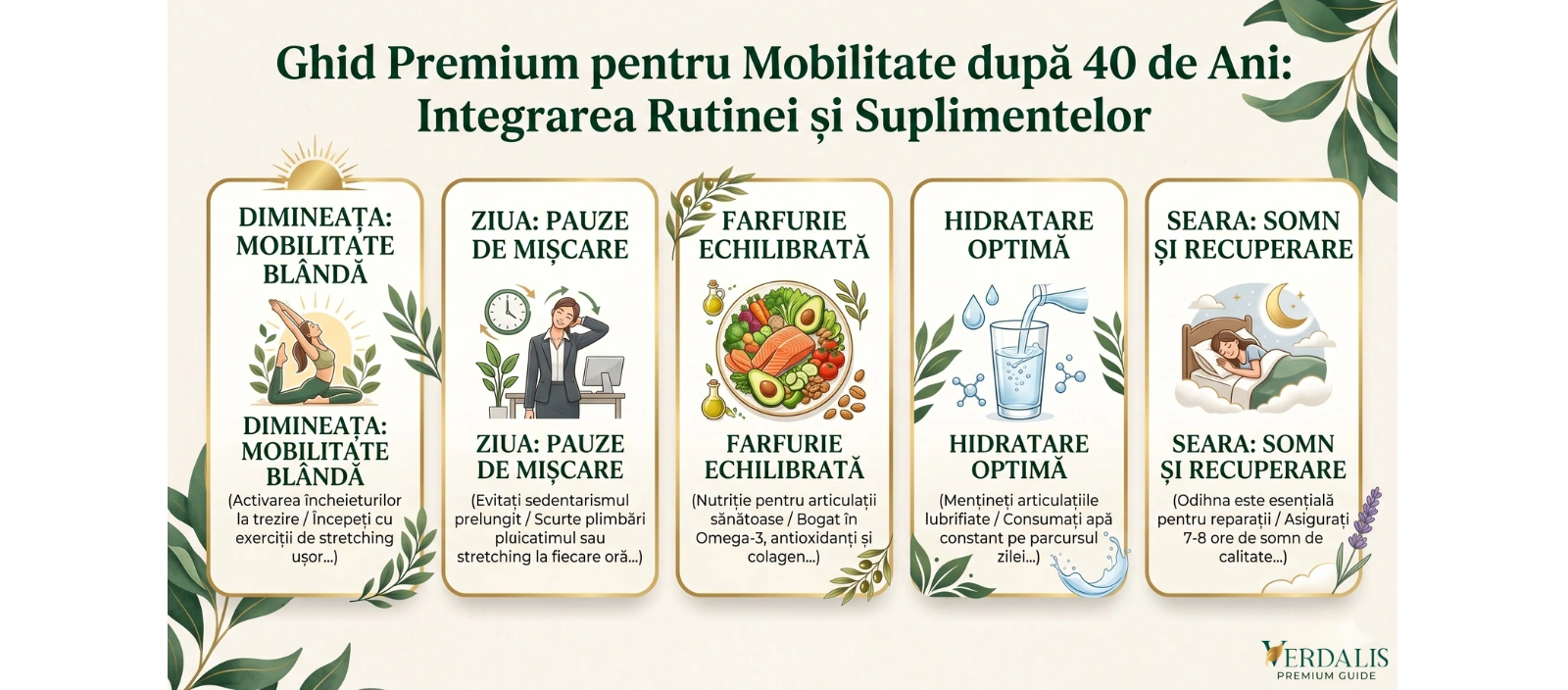 Infografic despre rutina zilnică pentru mobilitate și susținerea articulațiilor după 40 de ani.