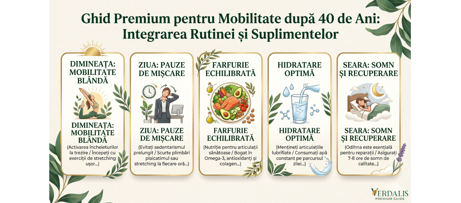 Infografic despre rutina zilnică pentru mobilitate și susținerea articulațiilor după 40 de ani.