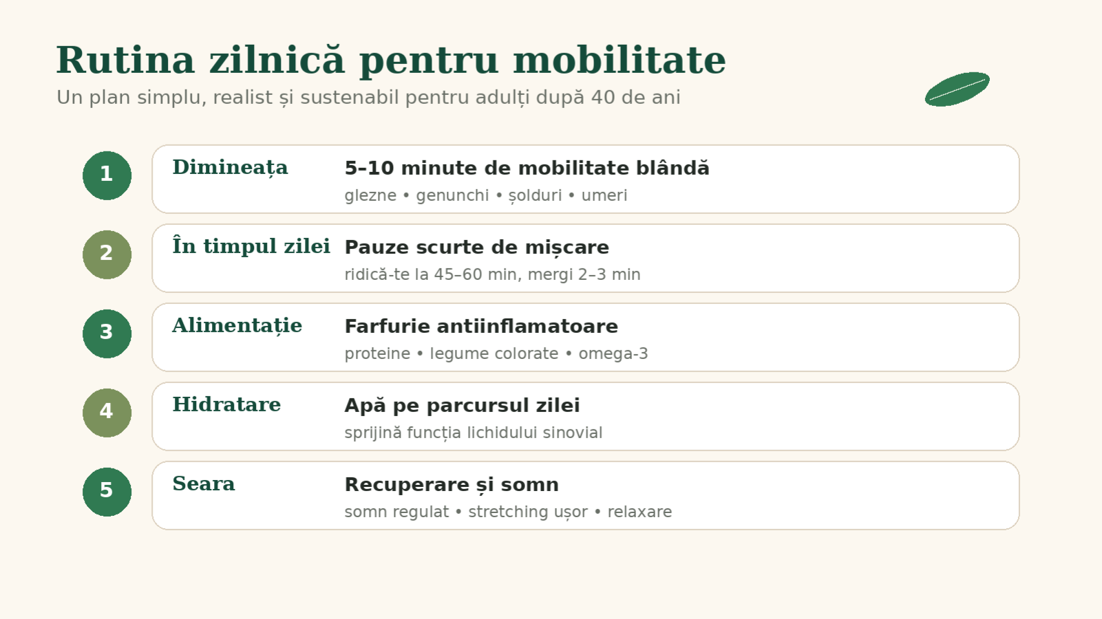 Infografic Verdalis cu rutină zilnică pentru mobilitate după 40 de ani.