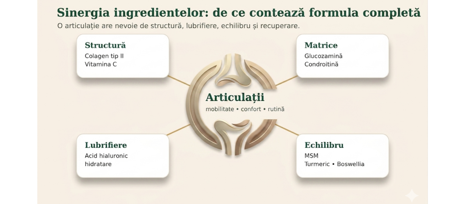 Infografic Verdalis despre sinergia ingredientelor dintr-o formulă pentru articulații.