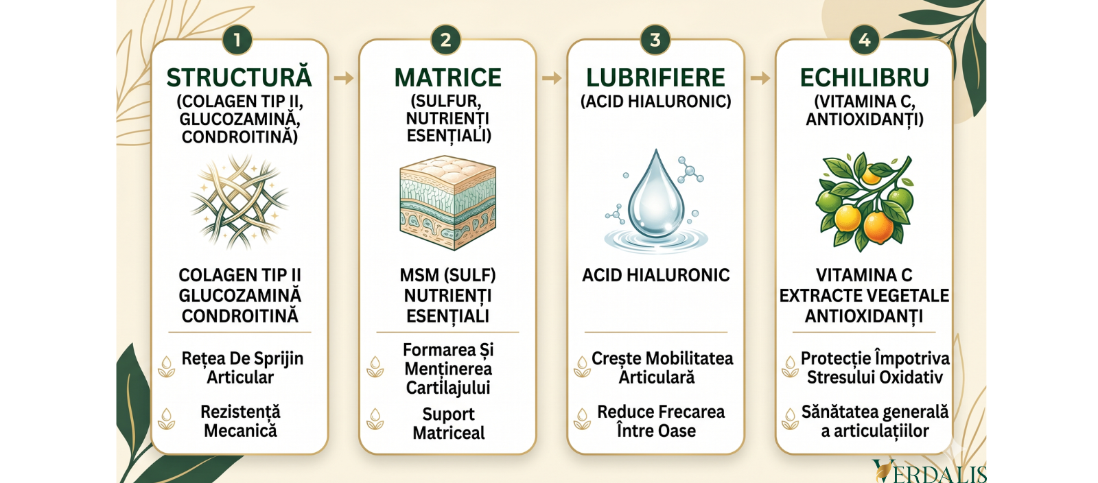 Infografic despre sinergia ingredientelor într-o formulă complexă pentru susținerea articulațiilor.