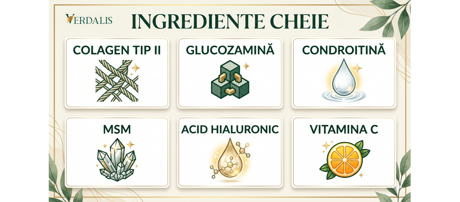 Infografic despre rolurile principale ale colagenului, glucozaminei, condroitinei, MSM, acidului hialuronic și vitaminei C.