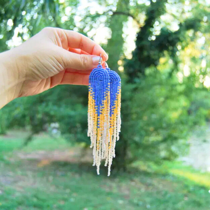 Cercei lungi cu mărgele albastru–piersică–ivory pe dantelă – Blue Sunset [8]