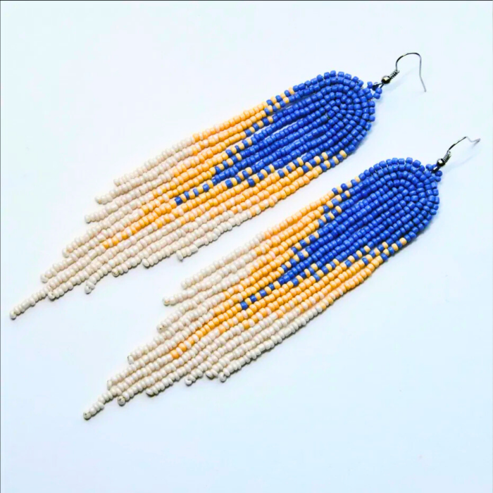 Cercei lungi cu mărgele albastru–piersică–ivory pe dantelă – Blue Sunset [6]