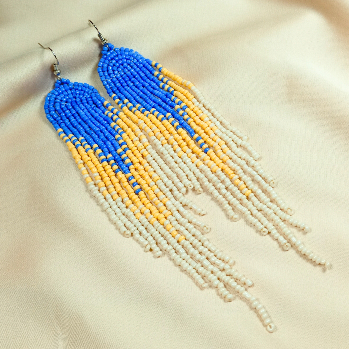 Cercei lungi cu mărgele albastru–piersică–ivory pe dantelă – Blue Sunset [3]