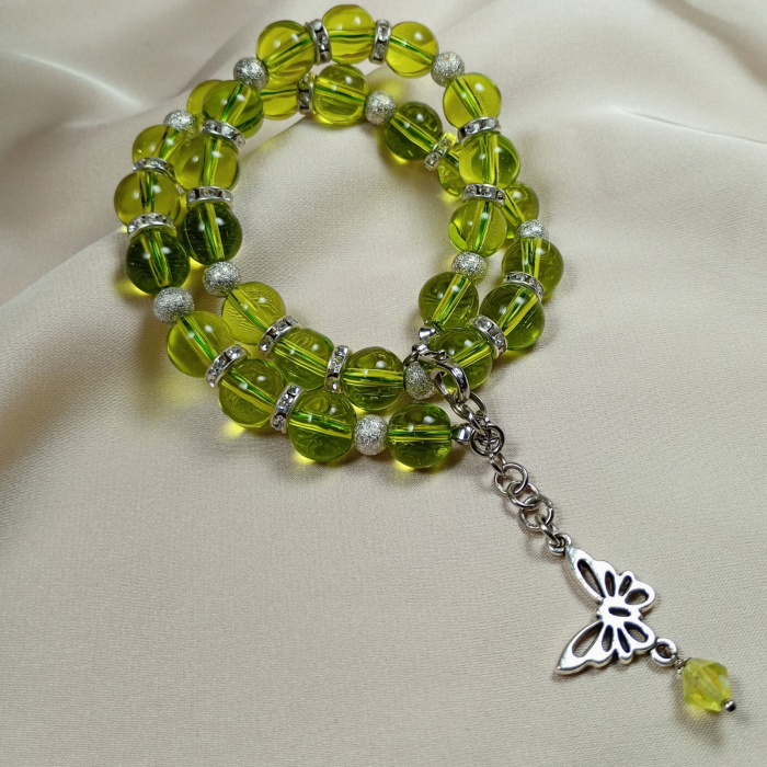 Colier handmade din sfere de sticla verde cu rhinestone si pandantiv fluture metalic [2]