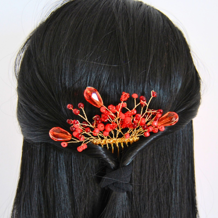 Accesoriu de par auriu cu cristale rosii si margele de sticla [5]