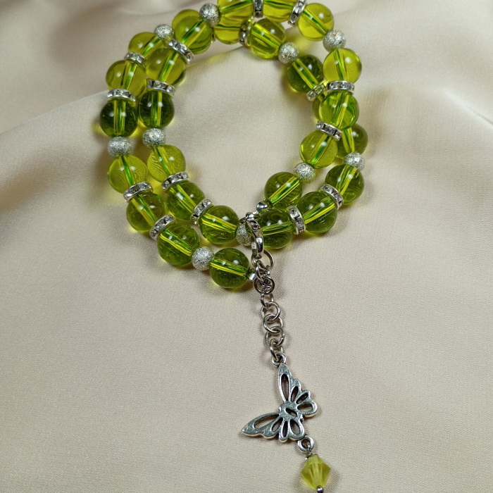 Colier handmade din sfere de sticla verde cu rhinestone si pandantiv fluture metalic [3]