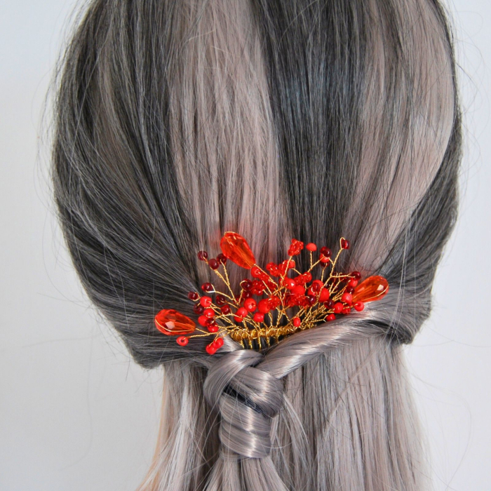 Accesoriu de par auriu cu cristale rosii si margele de sticla [3]