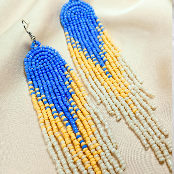 Cercei lungi cu mărgele albastru–piersică–ivory pe dantelă – Blue Sunset [4]