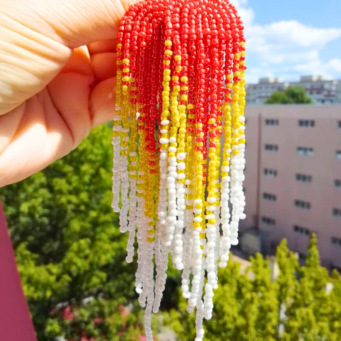 Cercei lungi cu mărgele în degrade roșu–galben–alb – Fire Dance [4]