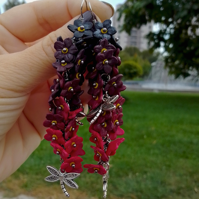 Cercei ciorchine de flori, rosu /negru [7]