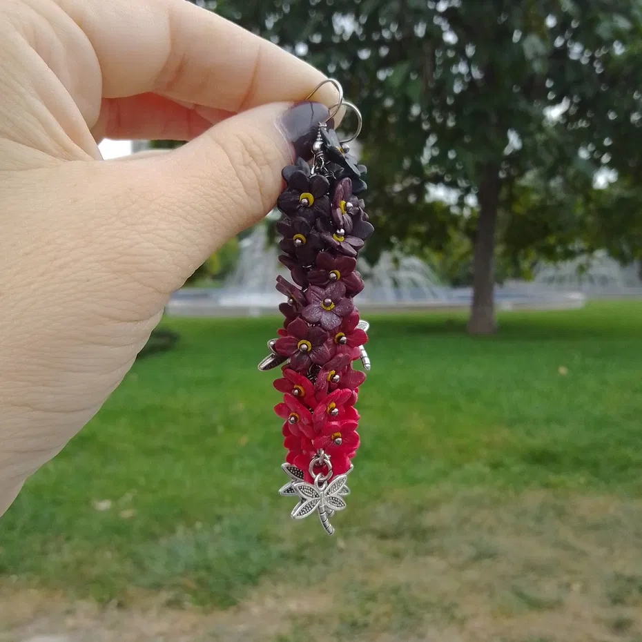 Cercei ciorchine de flori, rosu /negru [9]