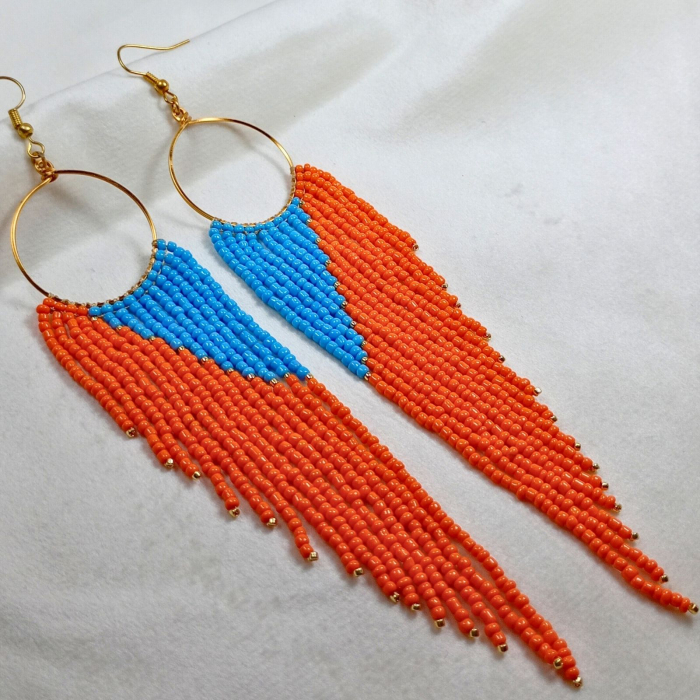 Cercei lungi cu franjuri portocaliu si bleu din margele de sticla [3]
