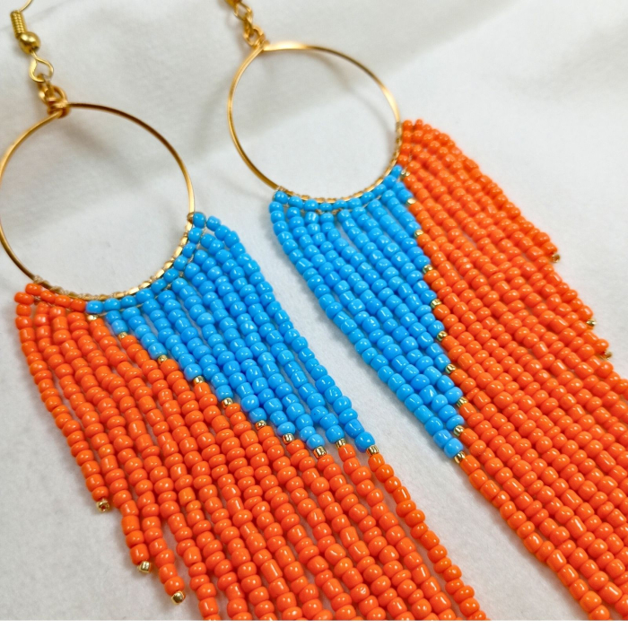 Cercei lungi cu franjuri portocaliu si bleu din margele de sticla [2]