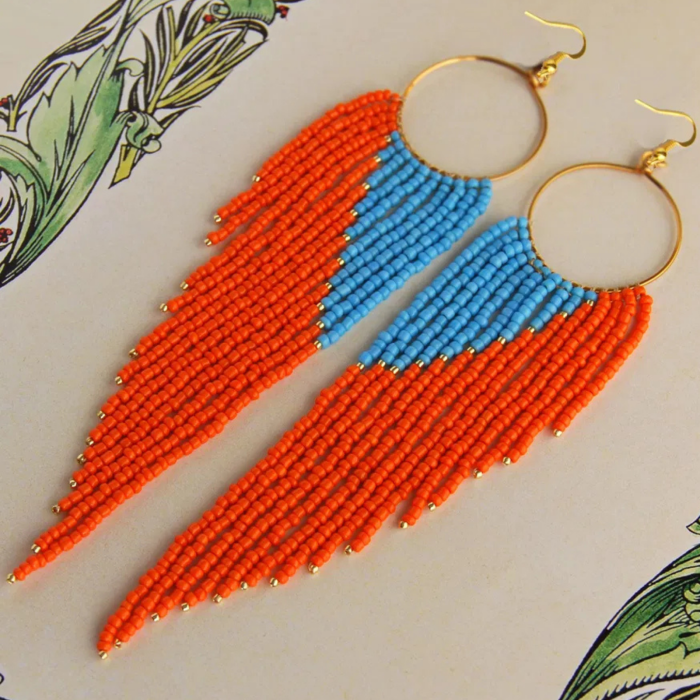 Cercei lungi cu franjuri portocaliu si bleu din margele de sticla [5]