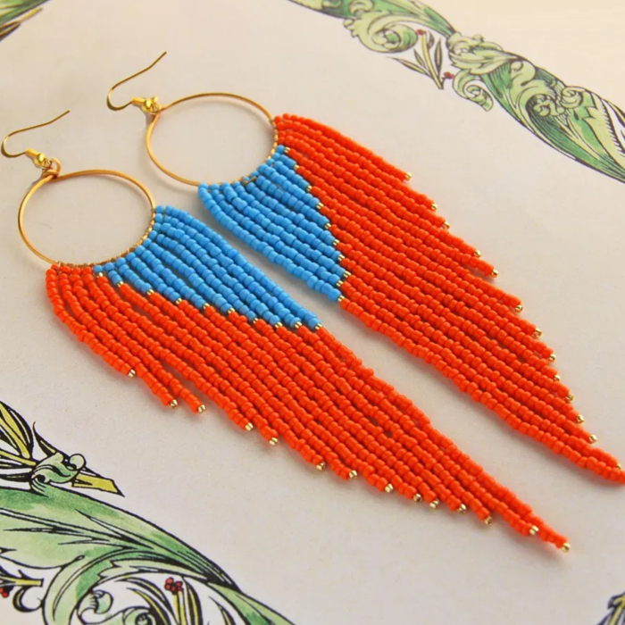 Cercei lungi cu franjuri portocaliu si bleu din margele de sticla [4]