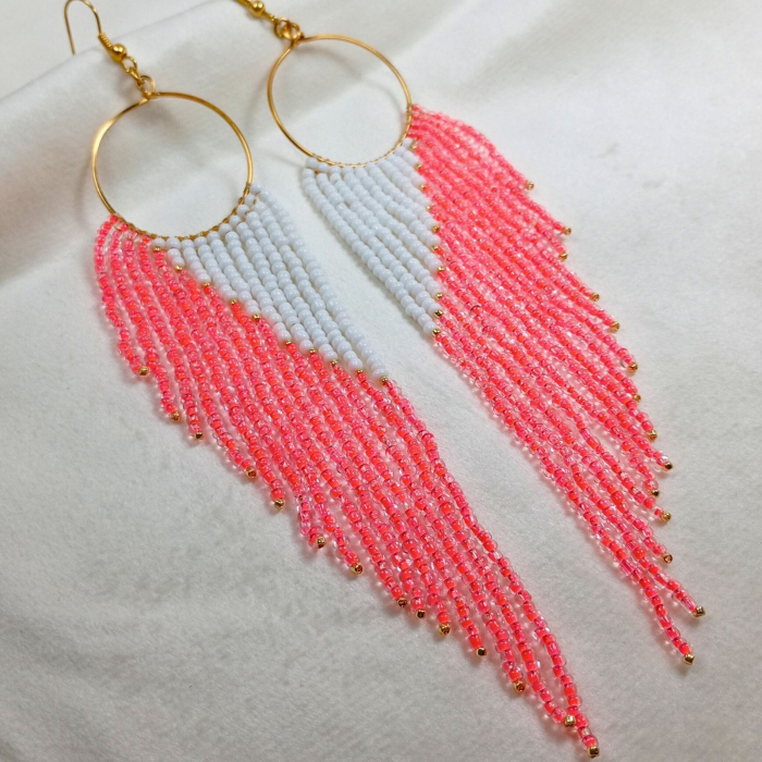 Cercei lungi din mărgele portocaliu neon și alb [3]