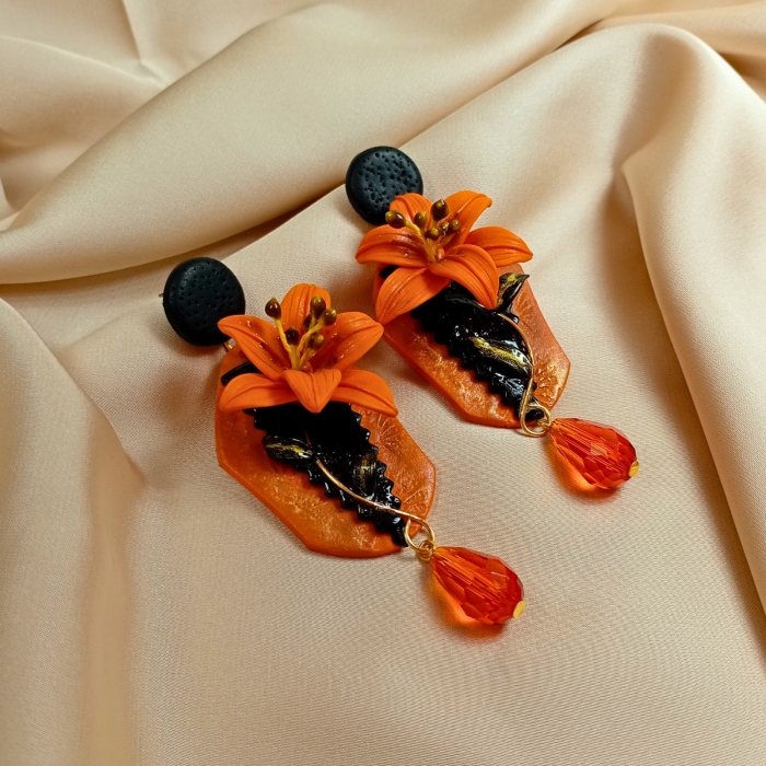 Cercei lungi tip șurub cu flori de crin portocaliu [12]