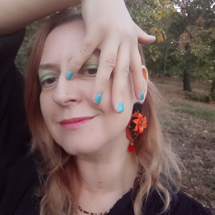 Cercei lungi tip șurub cu flori de crin portocaliu [9]