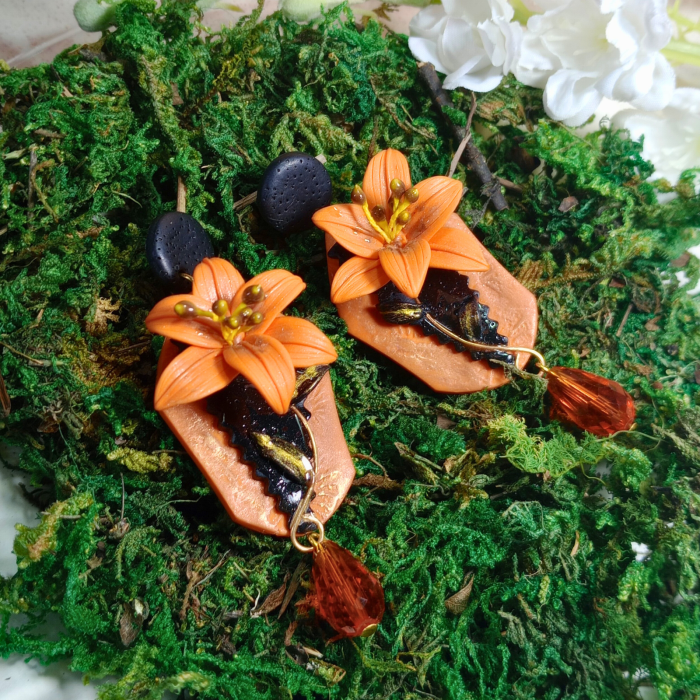 Cercei lungi tip șurub cu flori de crin portocaliu [3]