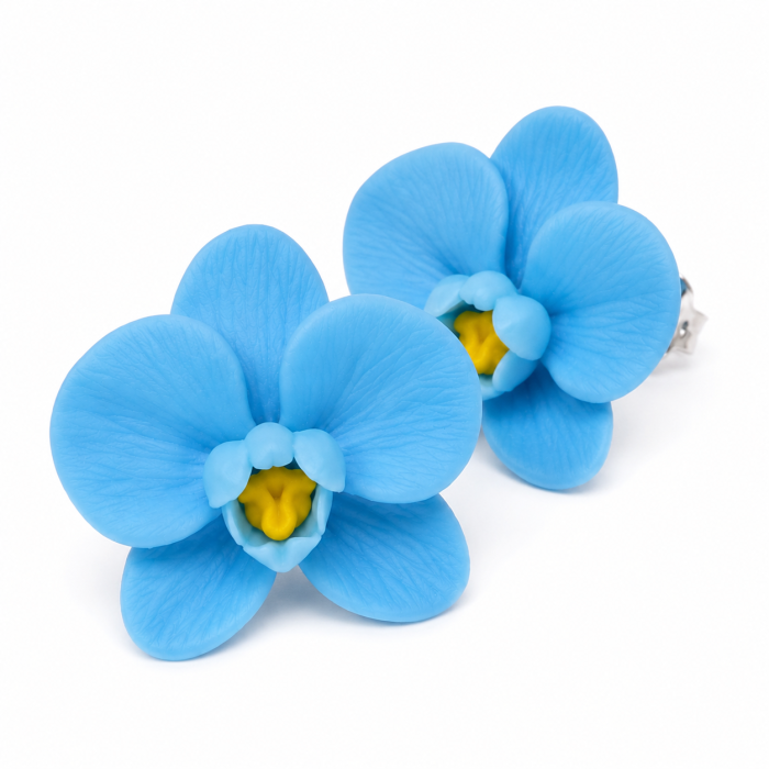 Cercei orhidee baby blue handmade, tip șurub, din argilă polimerică – delicați și eleganți [2]