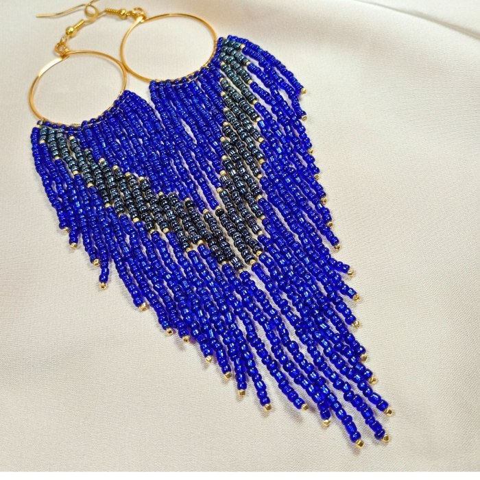 Cercei statement lungi din margele de sticla albastre [3]