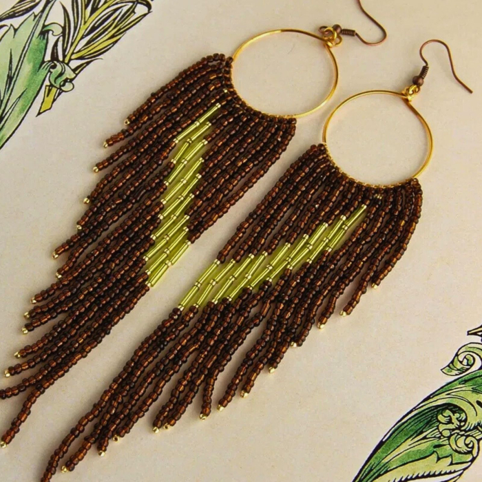 Cercei statement lungi din margele de sticla maro si tubulare verzi [2]