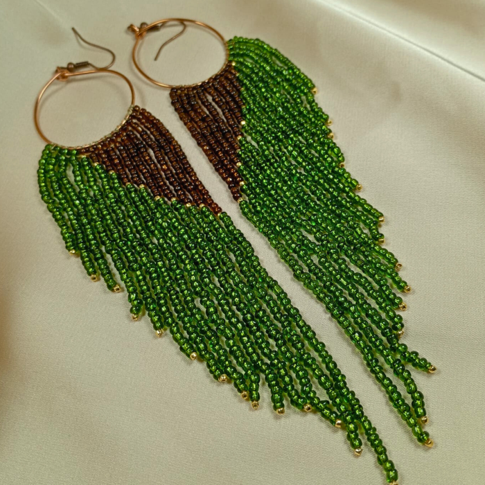 Cercei statement lungi din margele de sticla verzi si maro [4]