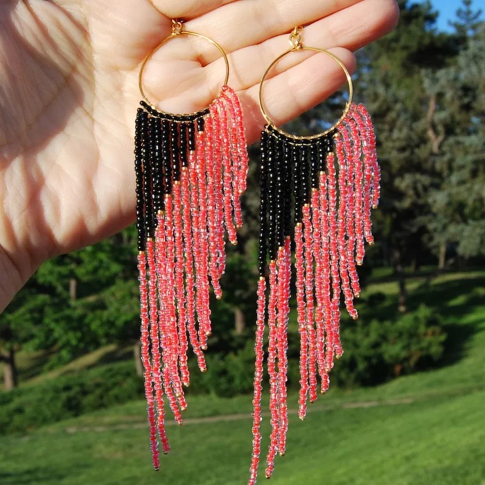 Cercei statement lungi portocaliu neon cu negru din margele de sticla [6]