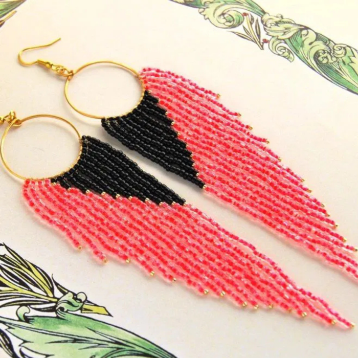 Cercei statement lungi portocaliu neon cu negru din margele de sticla [2]