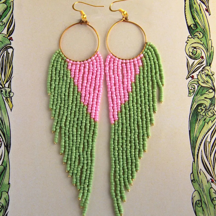 Cercei statement lungi verde pastel cu roz [2]