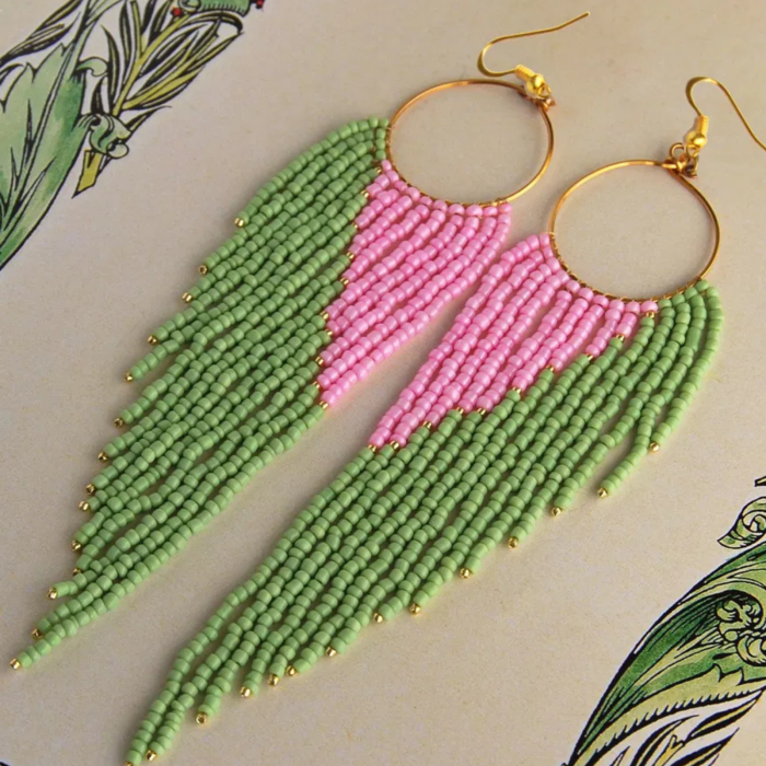 Cercei statement lungi verde pastel cu roz [4]