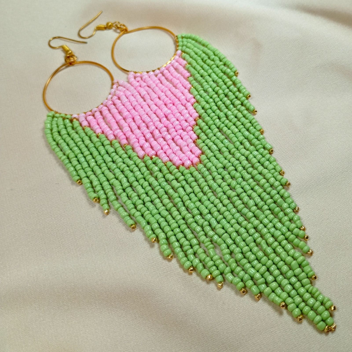 Cercei statement lungi verde pastel cu roz [6]