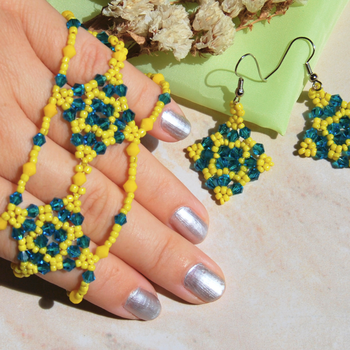 Set bijuterii handmade bratara si cercei din margele galbene si turcoaz [3]