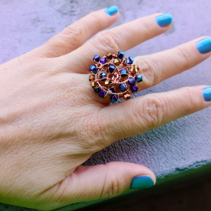 Set bijuterii statement cu cristale și piatră soarelui – cercei spirală cupru și inel reglabil handmade [6]