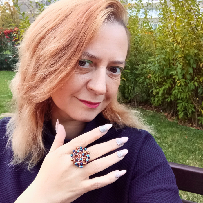 Set bijuterii statement cu cristale și piatră soarelui – cercei spirală cupru și inel reglabil handmade [9]