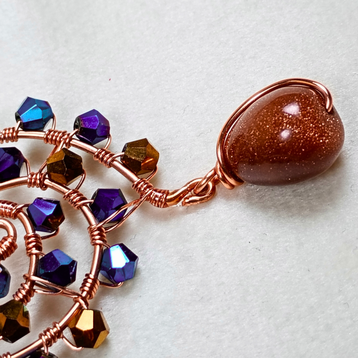 Set bijuterii statement cu cristale și piatră soarelui – cercei spirală cupru și inel reglabil handmade [8]