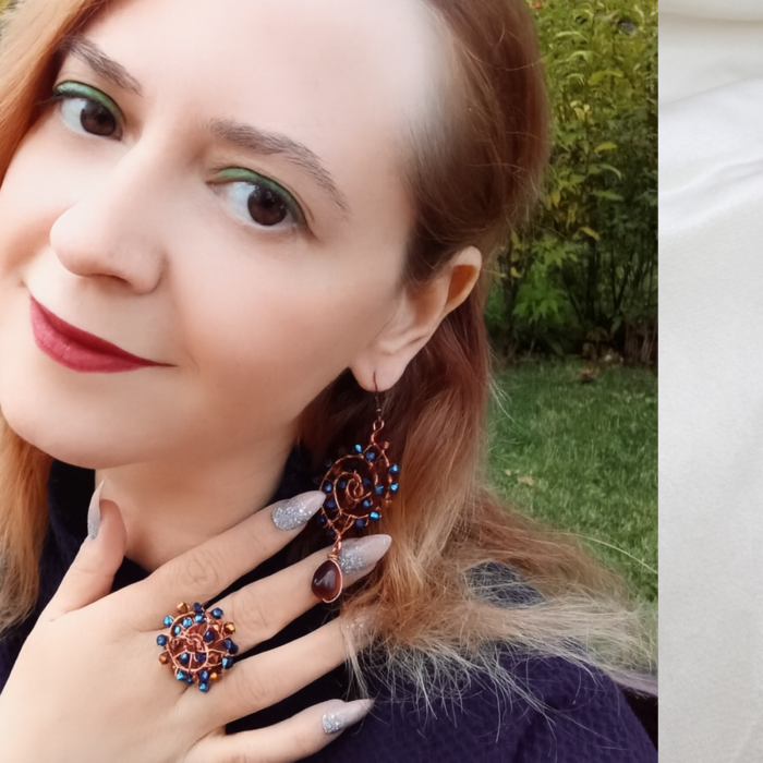 Set bijuterii statement cu cristale și piatră soarelui – cercei spirală cupru și inel reglabil handmade [11]