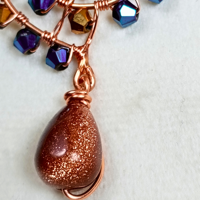 Set bijuterii statement cu cristale și piatră soarelui – cercei spirală cupru și inel reglabil handmade [7]