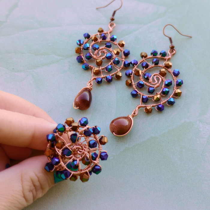 Set bijuterii statement cu cristale și piatră soarelui – cercei spirală cupru și inel reglabil handmade [4]