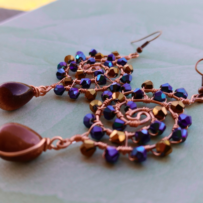 Set bijuterii statement cu cristale și piatră soarelui – cercei spirală cupru și inel reglabil handmade [3]