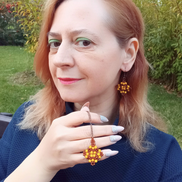 Set cercei și pandantiv Golden Amber Star din mărgele și cristale biconice [2]