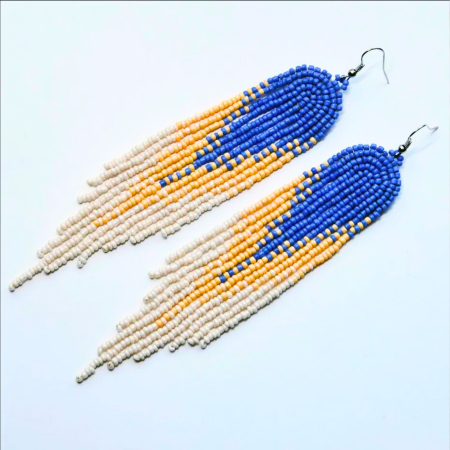 Cercei lungi cu mărgele albastru–piersică–ivory pe dantelă – Blue Sunset [5]